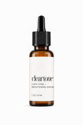 Brown serum bottle with white label on a white background